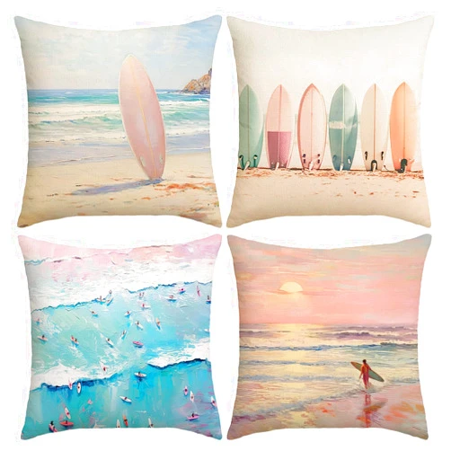 Mixweer 4 Pcs Beach Pillow Covers 18x18 Inch Preppy Pastel Surfboard Pillow Cover Retro Aesthetic Ocean Coastal Seascape Girly Room Decor for Patio Sofa Couch