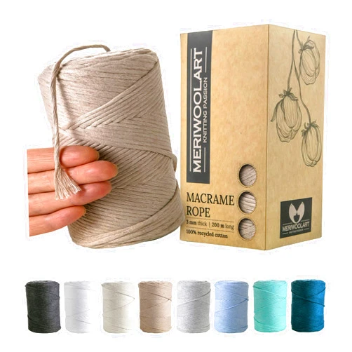 MERIWOOLART KNITTING PASSION MeriWoolArt Macrame Cord Sand - Macrame Cord 3 mm Coloured 220 Yards - Super Soft Yarn, Single Twist Macrame Cord - Oeko-Tex 100% Recycled Cotton Cord - for DIY Macrame Crafts, Boho Home Décor
