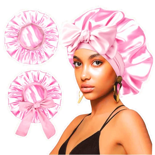 FIRSTPELLA 2Pcs Satin Silk Hair Bonnet for Sleeping Women,Large Bonnets with Elastic Wide Tie Band Silk Sleep Cap,Hair Wrap Night Cap with Adjustable Straps for Black Women Curly Hair Jumbo Bonnet Braid - Pink