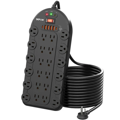 DEPOW Power Strip, 24 AC Outlets (1875W/15A) with 6 USBs (2 USB-C Ports), Surge Protector (3,400 Joules), 10Ft Heavy Duty Flat Plug Extension Cord, Wall Mountable for Home, Office, Black, ETL Listed