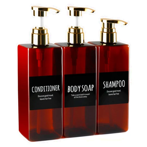 Deroanbott Soap Dispensers, 16.9oz Plastic Bottles with Gold Pumps & Waterproof Labels for Shampoo, Hand Soap, Body Wash - Ideal for Bathroom, Kitchen, Living Room, Set of 3 (Tawny)