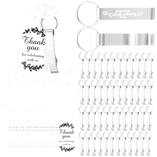 Misdary 100 Sets Wedding Thank You Gifts for Guests Include 100 Beer Bottle Opener Keychains 100 Thank You Cards 100 Organza Bags for Wedding Bridal Shower Birthday Souvenirs Gifts(Silver)