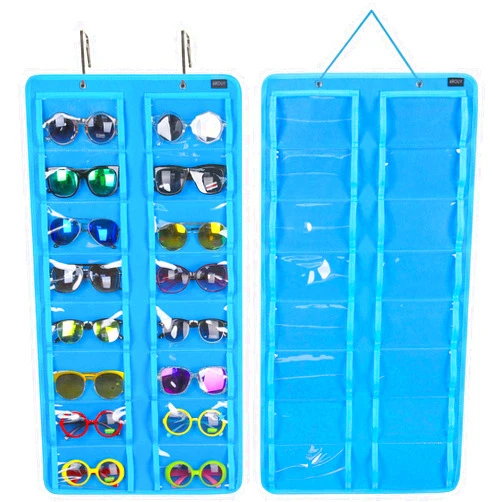 AROUY Sunglasses Organizer Storage, Hanging Dust Proof Wall Pocket Glasses Organizer - 16 Felt Slots Sunglass Organizer Holder with Metal Hook and Sturdy Rope (Dust Proof, Light Blue)
