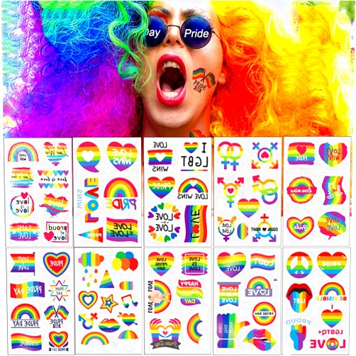 WRBJAIS Rainbow Temporary Tattoos Pride Lover Tattoos 73 Pcs Heart Cloud Rainbow Tattoos Stickers Waterproof Removable Body Decals for Pride Day Lgbtq Gay Party Pride Celebration Birthday Party (10 sheet)