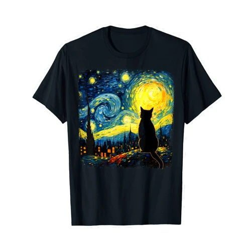 Funny Starry Night Cat Lover Gifts Graphic Tees Cat Starry Night Van Gogh Cat For Cat Lover Cat Mom Cat Dad T-Shirt