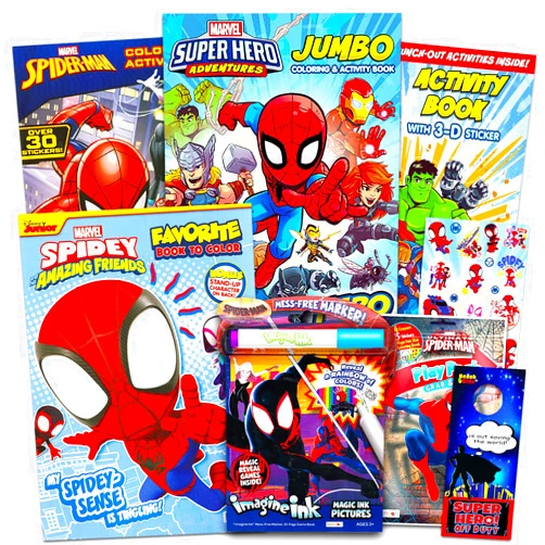 Marvel Spiderman Coloring Books Bulk for Kids - Spiderman Coloring Art Set Bundle Includes 6 Coloring Books with Activities, Stickers, and Games Featuring Spiderman, More | Spiderman Activity Set Bulk