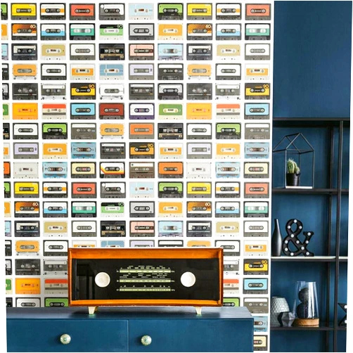RoomMates RMK12080RL Colorful Retro Cassettes Peel and Stick Wallpaper, Sample