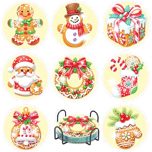 eniref 8 Pcs Christmas Diamond Art Coasters Kits with Holder, Gingerbread Snowman 5D DIY Diamond Pinting Coasters Acrylic Round Cup Coaster with Cork Pads for Tabletop Protection 10×10 CM