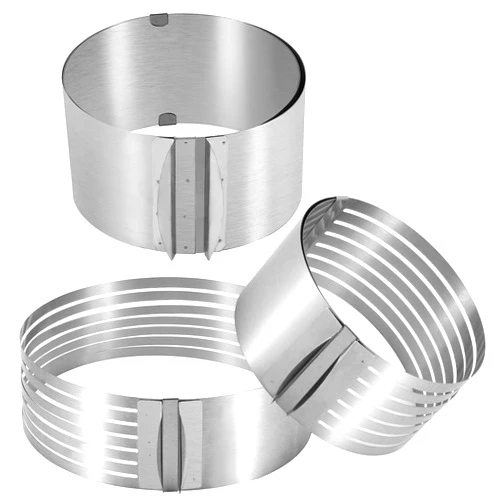 KEILEOHO Layer Cake Slicer Set, 3 PCS Stainless Steel Adjustable 7 Layered Bread Cutter Ring with Respective Diameter of 6-8 Inches and 9-12 Inches 3.4 Inches High and 1 PCS Adjustable Biscuit Cutter