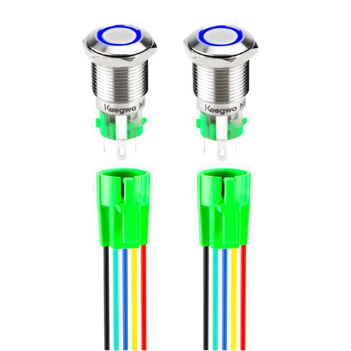 Keegwa (2 PCS) 16mm Latching Push Button Switch Silver Stainless Steel Metal with Ring LED Light with Wire Socket Plug Self-Locking 12V-24V 5A SPDT 1NO1NC (Blue)