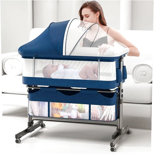 Infant Master 3 in 1 Baby Bassinet, Upgraded Beside Crib with 360° Highly Visible Mesh wall, Comfy Co-sleeper Bassinet with mattress, 5 Level Adjustable Height, Foldable & Portable BabyTravel Crib for Newborn, Blue