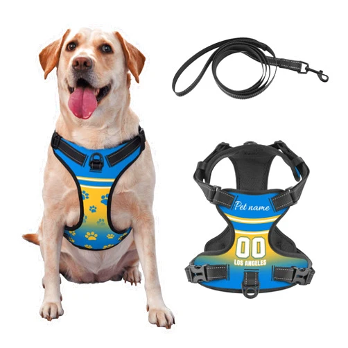 Cokpet Custom Los Angeles Dog Harness with Reflective Stripes Personalized Name and Number Dog Vest Harness with Pet Traction Rope for Small Medium Large Dog