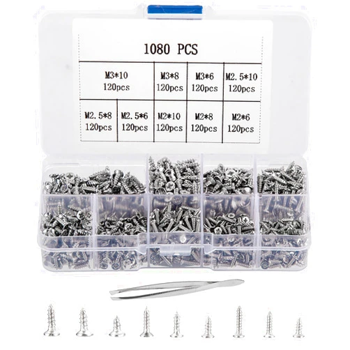 Bayidun 1080 Pcs Small Screws M2/M2.5/M3, Phillips Flat Head Cross Screws, Tiny Silver Self Tapping Screws, Micro Multifunctional Cabinet Electronic Accessories Screws for Woodworking(Stainless Steel Silver)