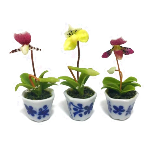 Mr_air_thai_Miniature Cactus and Flower 3pc Miniature Flower Clay Dollhouse Fairy Garden Mini Plant Trees Ceramic Paint Furniture Bundles Artificial Flowers Tiny Orchid #086