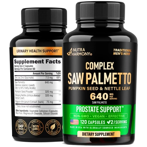 NUTRAHARMONY Saw Palmetto for Men 640mg - Pumpkin Seed | Nettle | Zinc & Pygeum - Prostate Health & Urinary Supplement - DHT Blocking & Hair Support - 45% Fatty Acids, Clinical Strength - Made in USA, 120 Capsules