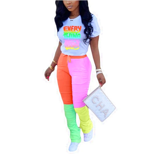 Remelon Casual 2 Piece Outfit Sets for Women Color Block Short Sleeve T-Shirts + Stacked Flare Pants Tracksuit Sweatsuit