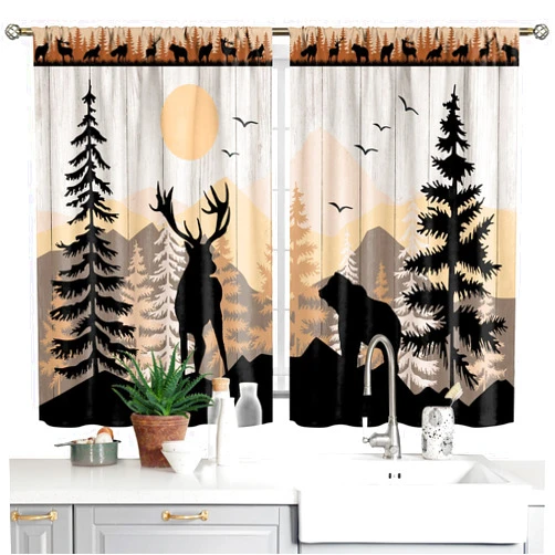 MAHIPOCI Kitchen Curtains Forest Sunset Country Rustic Farmhouse Cafe Curtains Decor for Dining Room Tier Curtains Over Sink Retro Forest Bear Deer Rod Pocket Window Drapes Fabric 2 Panels 26x36 Inch