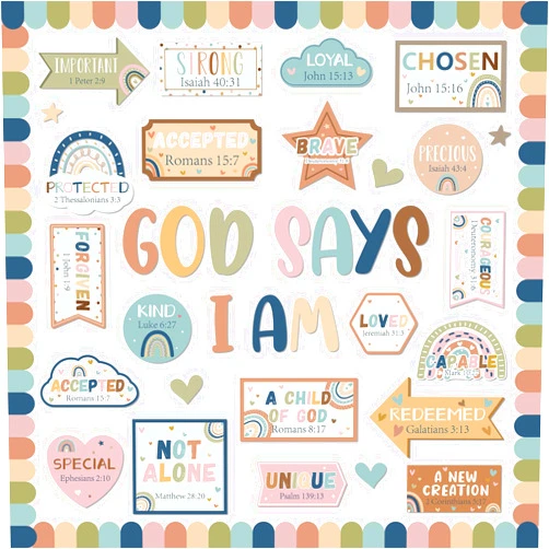 ZOIIWA Christian Bulletin Board Decorations Classroom Motivational Bulletin Board for Welcome Back Boho Rainbow God Says I Am Cutout Inspirational Religious Wall Decors for Sunday School Home Church Supplies