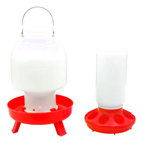 RUNADI Baby Chicken Feeder and Waterer Set - 9” Red Round 1 Liter Food Container with 11” Plastic 2.5 Liter No Waste Drink Tube - Heavy-Duty Chick Coop Accessory for Small Birds, Ducks, Poultry