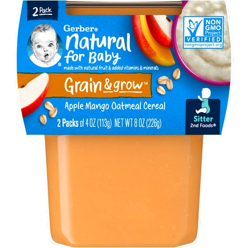 Gerber Baby Food 2nd Foods, Mixed Cereal, Apples & Mangos with Rice Cereal Puree, 4 Ounce Tubs, 2 Count (Pack of 8)
