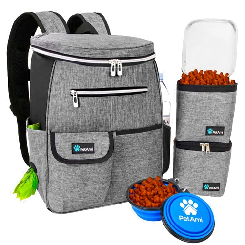 PetAmi Dog Travel Bag Backpack, Airline Approved Dog Bags for Traveling, Puppy Diaper Bag Supplies, Pet Camping Essentials Hiking Accessories Dog Mom Gift, Food Container, Collapsible Bowls, Gray