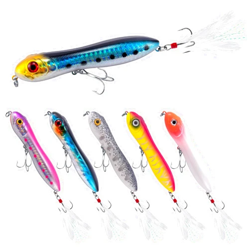 Dr.Fish 6 Pack Topwater Fishing Lures 4'' Pencil Popper Walk The Dog Lure Bass Catfish Lures Freshwater Feather Roostertail Hook Hard Lures Striper Pike Lures Fishing Plugs Offshore