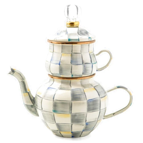 MACKENZIE-CHILDS Enamel High-Tea Teapot, Cup, and Lid, Cute Teapot and Teacup Combo, Gray-and-White Sterling Check
