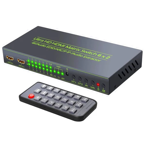 KanaaN 4K HDMI Matrix Switch/Splitter 6x2 - KanaaN (6-Input, 2-Output) HDMI Video Matrix with IR Remote & PIP, Matrix Switcher Support 4K*2K, 1080P 3D, ARC, Optical SPDIF & 3.5mm Audio Extractor