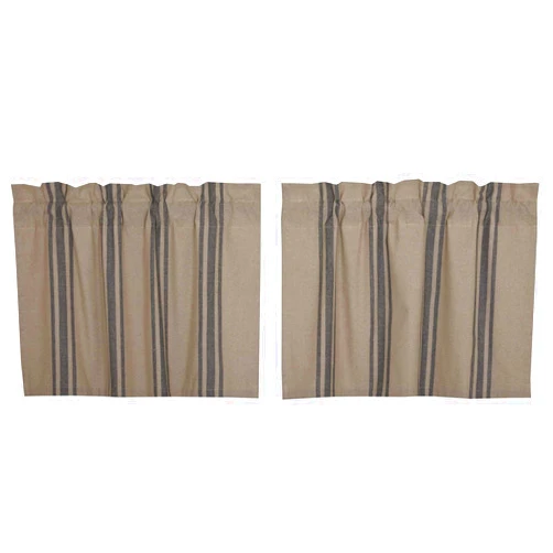 VHC Brands Grain Sack Charcoal Black Stripe Farmhouse Kitchen Curtain Tier Set 24x37