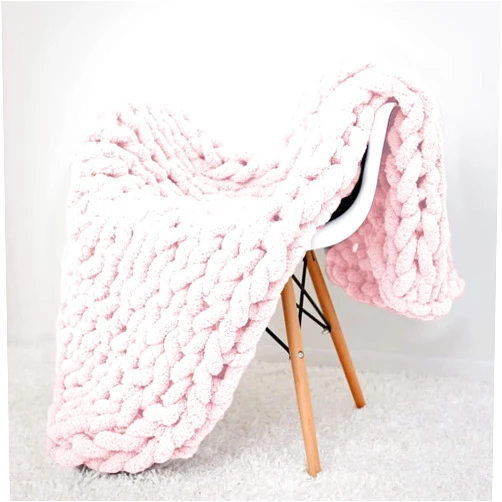 huraty Chunky Knit Blanket Light Pink Chenille Yarn Tight Chunky Knit Throw Blanket for Sofa Bed 39x39 Handmade Boho Bed Throw