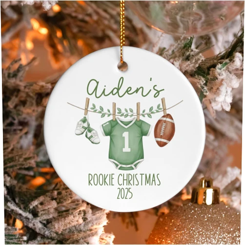 Custom Sports Clothesline Xmas Keepsake, Football Baby’s First Christmas Ornament, New Mom, First Birthday Keepsake, Personalized Baby Name Christmas Ornament 2025, Festive Xmas Display