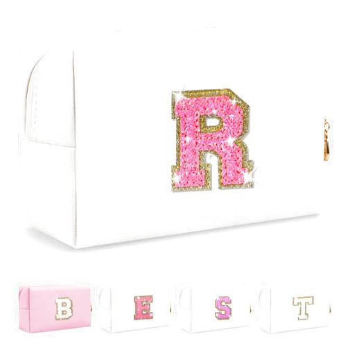 Biileen Small Initial Preppy Patch Makeup Bag Organizer, Personalized Cosmetic Bag Small Cute Pink PU Leather Travel Toiletry Zipper Pouch, Monogram Glitter Letter Make Up Case Storage Gift for Women Teens,R