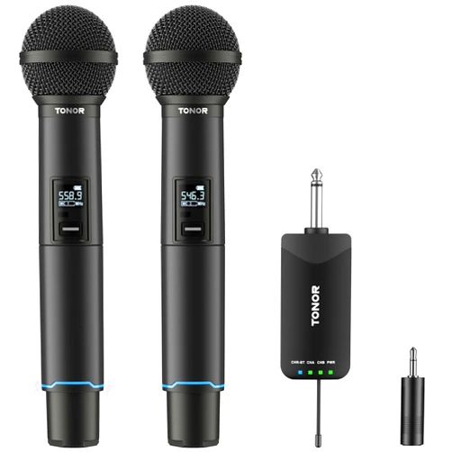 TONOR Rechargeable Wireless Microphones, Metal Bluetooth Handheld Cordless Mic System with Receiver, 2x25 UHF Professional Dynamic Mic for Karaoke, Church, Singing, Wedding, Meeting, DJ, 328ft TW720