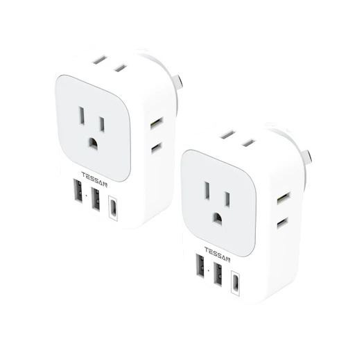 TESSAN Australia Plug Adapter, TESSAN Australian Power Adaptor with 4 Outlets 3 USB Charging Ports (1 USB C), Type I Travel Plug for US to Australian New Zealand China Argentina Fiji AU, 2 Pack