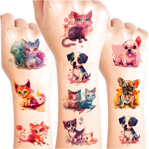 UVUXO Watercolor Cats and Dogs Temporary Tattoo for kids - 73 Styles Cute kittens and puppies Temporary for Girls Boy Body Arm Shoulder Cute Tattoos Stickers, Birthday Party Supplies Gifts for Kids