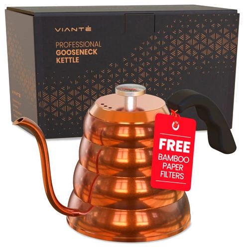 Vianté Gooseneck Stovetop Pour Over Coffee Kettle with Thermometer for Drip Coffee and Tea. Premium Copper Stainless Steel. 40 fl oz. All Coocktops.