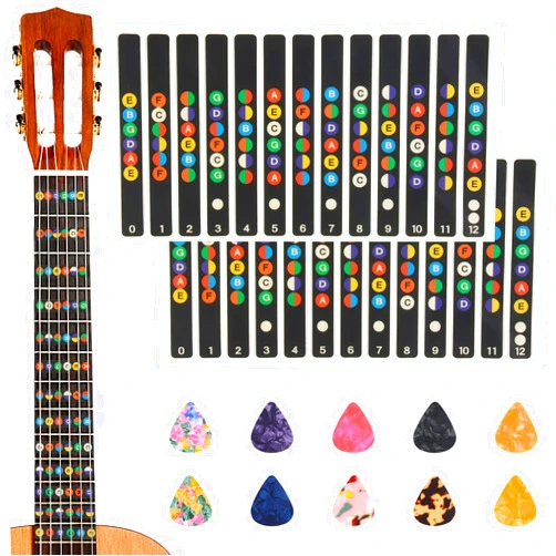 AUGSUN 2 Pcs Guitar Fretboard Stickers, Guitar Note Stickers, Learn Guitar Tabs, Sticker for Beginner Learner with 10 Pcs Guitar Picks