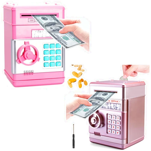 PhilaeEC 2 Pack Piggy Bank for Kids, Girls Boys Money Banks, Great Birthday Christmas Toy Gifts for Children, Kids Safe Coin Bills Cash Banks Money Saving Box Password Code Lock Box - Pink+Rose Gold