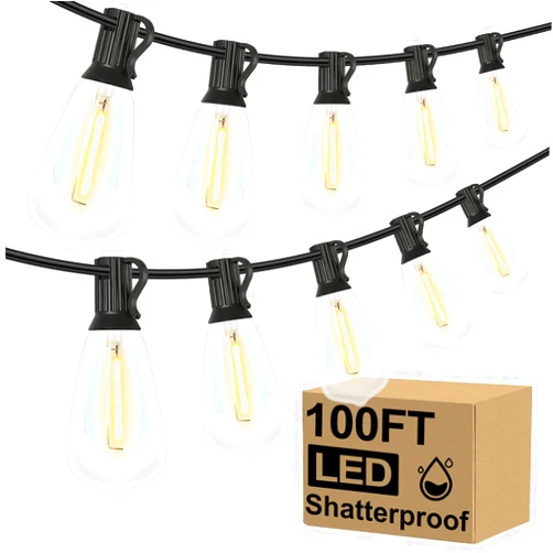 Brightever LED Outdoor String Lights 100FT Patio Lights with 52 Shatterproof ST38 Vintage Edison Bulbs, Outside Hanging Lights Waterproof for Porch, Deck, Garden, Backyard, Balcony, 2700K Dimmable