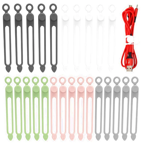 RUGLAMZHIP 25 Pcs Silicone Cable Ties, Reusable Cable Straps Wire Organizer, Cable Management Cord Organizer for Fastening Earphone Phone Charger Home Office Desk Kitchen Appliances Cable Cords Wires