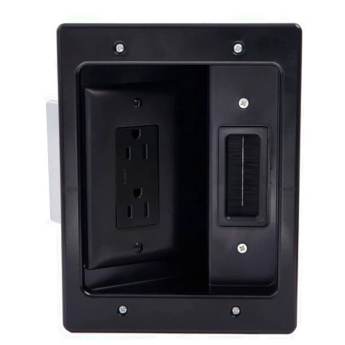 On-Q Legrand On-Q HT2102BKV1 Hardwired In Wall Cable Management Kit, TV Outlet Wall Kit Hides Cords, in Wall TV Power Kit Works with All Plugs, Recessed TV Outlet, Black