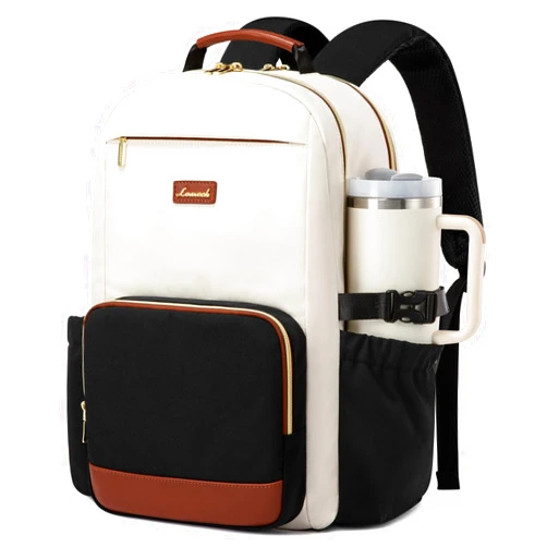 LOVEVOOK Laptop Backpack for Women with Pouch Pocket for Large Capacity Cup,15.6 Inch Laptop Computer Bag Travel Backpack Purse,Waterproof Work Business Backpack College Teacher Bags,Beige-Black-Brown