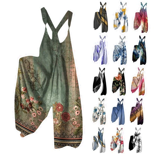 Generic Boho Jumpsuit for Women 2024 Wide Leg Sleeveless Adjustable Strap Overall Plus Size Vintage Art Graphic Romper