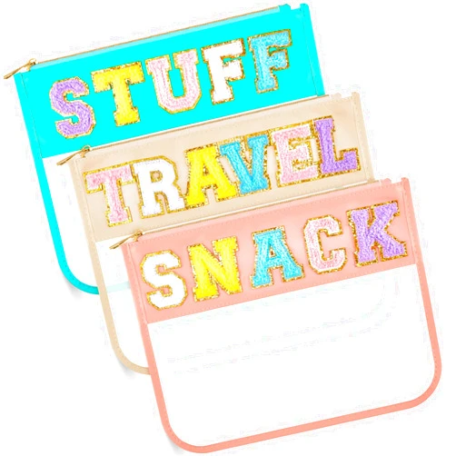 Patelai 3 Pcs Chenille Letter Clear Zipper Pouch for Travel Waterproof Cosmetic Pouch Clear Snack Bags Nylon Travel Gym Beach Bag Multipurpose Makeup Bag for Women Girl (Soft Color, Travel, Stuff, Snack)