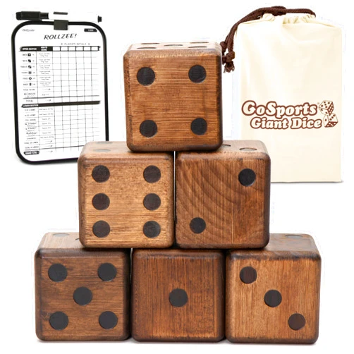 GoSports Giant Wooden Playing Dice Set with Rollzee and Farkle Scoreboard - Includes 6 Dice, Dry-Erase Scoreboard and Canvas Tote Bag - Choose 2.5 Inch or 3.5 Inch Dice)