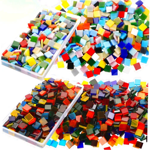 Aunifun 800Pcs Mixed Color Mosaic Tiles, Stained Transparent Glass Mosaic Pieces with Organizer Box for DIY Crafts Home Decoration, Square Shape, 0.4 Inch
