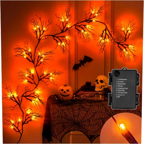 SURCVIO [ 8 Modes & Timer ] 6 Ft 45 LED Halloween Willow Vine Twig Garland Decorations with Orange Lights, Halloween Garland with Battery Operated Waterproof for Home Indoor Wall Fireplace Mantle Decor