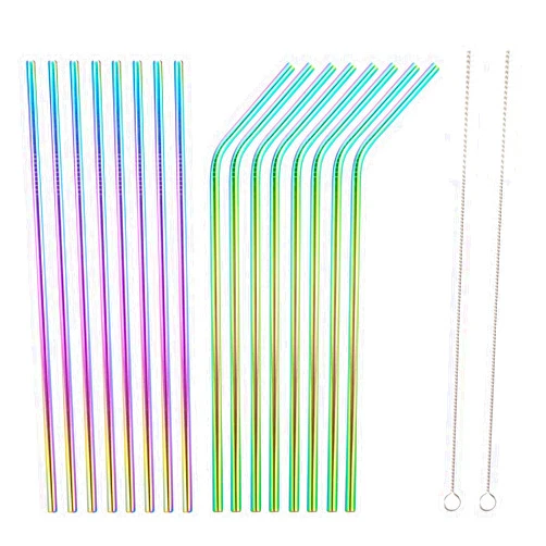 HOMQUEN 18 Piece Colorful Stainless Steel Straws, 8.5 '' Reusable Drinking Rainbow Straws,with Portable Pouch (8 Straight/8 Bent/2 Brushes)