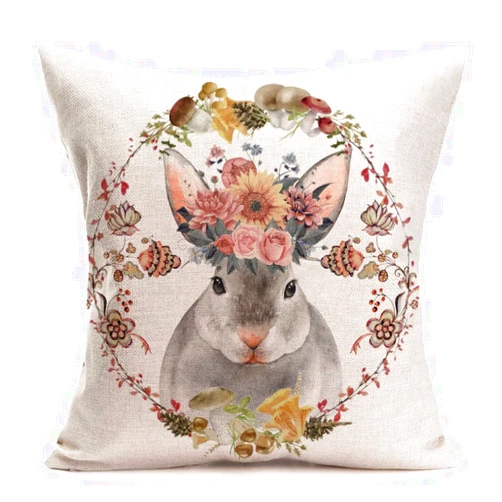 Tlovudori Vintage Spring Happy Easter Bunny Throw Pillow Cover Cute Animal Rabbit with Floral Flowers Sunflower Roses Mushroom Home Decor Cotton Linen Throw Cushion Case 18x18Inch (Cs-Rabbit)