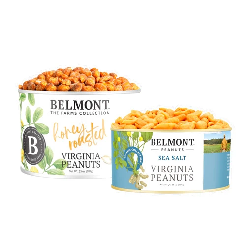 Belmont Peanuts Gourmet Virginia Peanuts, Sea Salt, 20 oz + Honey Roasted, 25 oz (Bundle of 2) | Simple Ingredients, No Preservatives | A Premium, Salty, Crunchy, Hand-Seasoned, Peanut Snack
